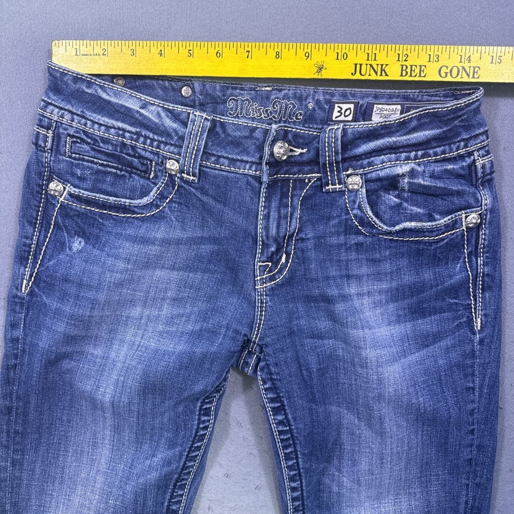 Miss Me Jeans Womens 30/32 Blue Denim Cross Bling Embelished Signature Boot - Picture 10 of 12